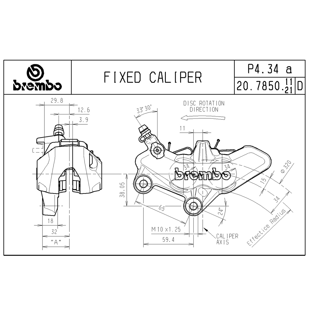 BREMBO Front Brake Caliper - Cod.20785011 (P4 34 Axial Left / Gold