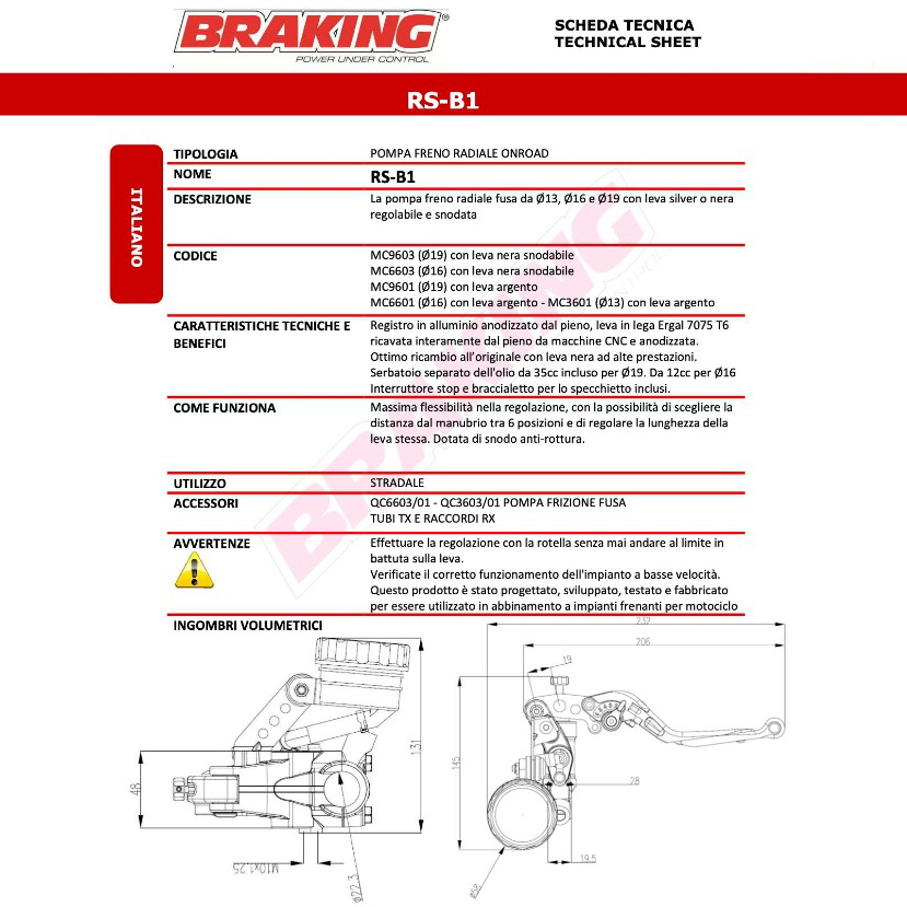 Braking Racing pompa freno anteriore radiale 16mm RS-B1 forgiata con leva  silver