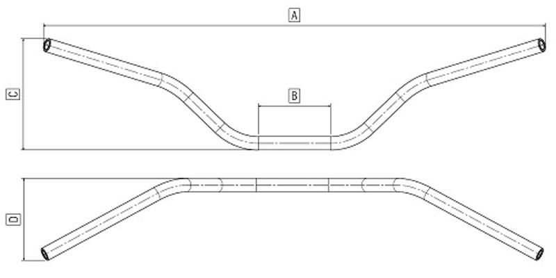 domino manubrio in acciaio cromato per moto custom / dimensioni:lunghezza:  a - 740 mm altezza: c - 96 mm sporgenza: d - 216 mm diametro: g - 22 mm